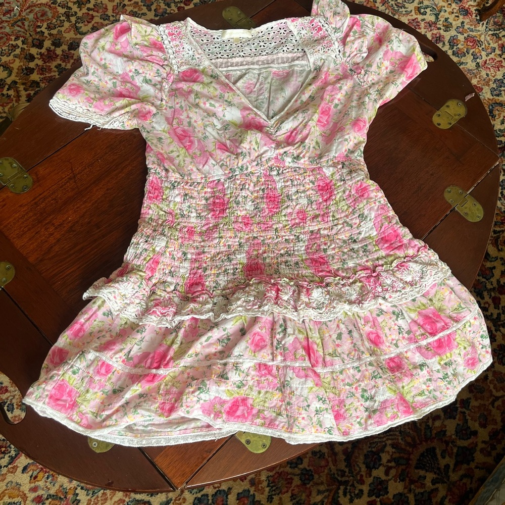 Floral Pink, Green, and White Dress